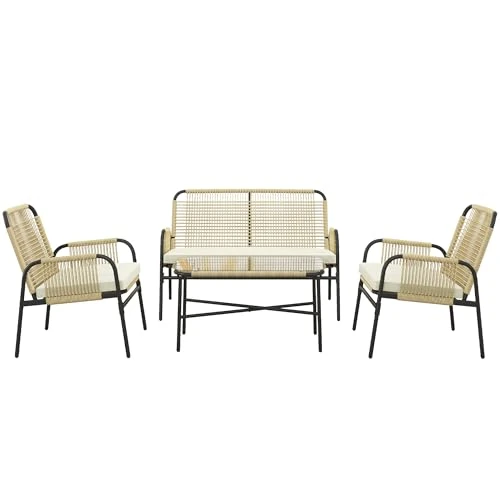 Offerta a tempo: Outsunny Salottino da Giardino in Rattan PE da 4 Pezzi, Salotto da Esterno con Divano 2 Posti e 2 Poltrone con Cuscini, Tavolino in Vetro, Giallo — 57% da 241,95 € a 104,98 €