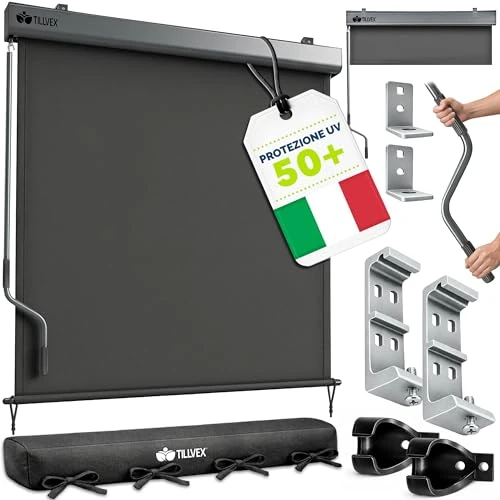 Tijdelijke aanbieding: tillvex® Verticale zonwering 140 x 250 cm voor buiten en binnen met Afdekking | Buitenrolgordijn waterdicht met handslinger voor balkon, terras en tuin | Balkonrolgordijn Zonwering van aluminium van 99.79 € naar 83.82 € (16% korting