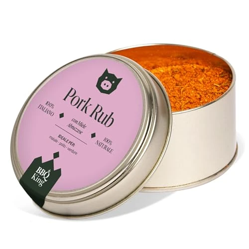 Offerta a tempo: BBQ KING - Pork Rub Confezione da 70 g, Dry Rub BBQ per Maiale, Pollo e Verdure, 100% Made in Italy, Con Miele Abruzzese, Zucchero Muscovado e Paprika - 0.00% da 8.39 € a 8.39 €