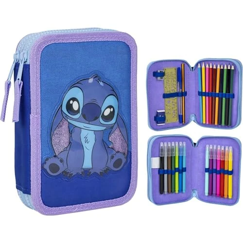 Offerta a tempo: Custodia Stitch a 3 scomparti - Blu - 12,5 x 4,5 x 19,5 cm - In poliestere e PVC - Chiusura a cerniera - Include accessori - Prodotto originale disegnato in Spagna - 0.00% da 20.59 € a 20.59 €