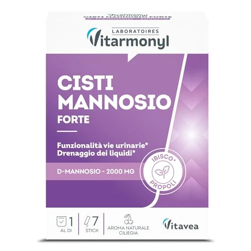 Cisti Mannosio Forte - Comfort Urinario - D Mannosio 2000 mg - Cistite - Drenante - Funzionalità Vie Urinarie - Con Ibisco e Propoli - 7 stick - Vitarmonyl