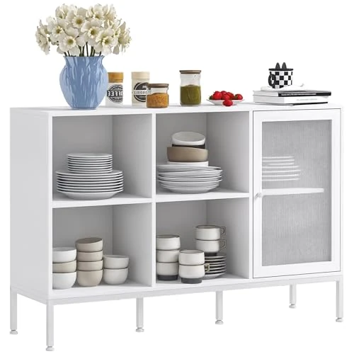 Offerta a tempo: HOMCOM Mobile Buffet con 4 Ripiani Aperti Regolabili e Armadietto con Anta a Rete, Mobile Contenitore in Truciolato e Acciaio, 120x37x81.5 cm, Bianco - 10% da 78.95 € a 71.05 €