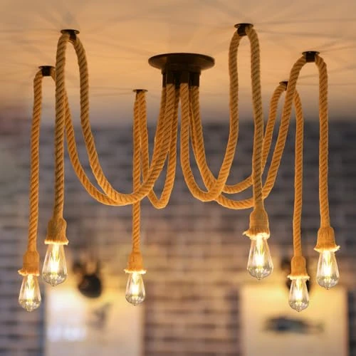 Offerta a tempo: ANWIO Lampadario in Corda di Canapa Vintage, Lampada a Sospensione Industriale con 6 Attacco E27, Luce a Sospensione, Plafoniera Soffitto per Ristotante, Bar, Pranzo da Sala, Lampadine Escluse - 15% da 49.99 € a 42.41 €