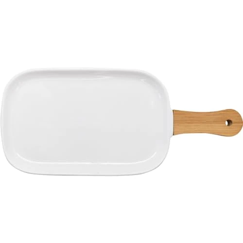 NERTHUS FIH 1339 Porcelanowa taca na przekąski z bambusowym uchwytem, elegancja i funkcjonalność na czas przekąski