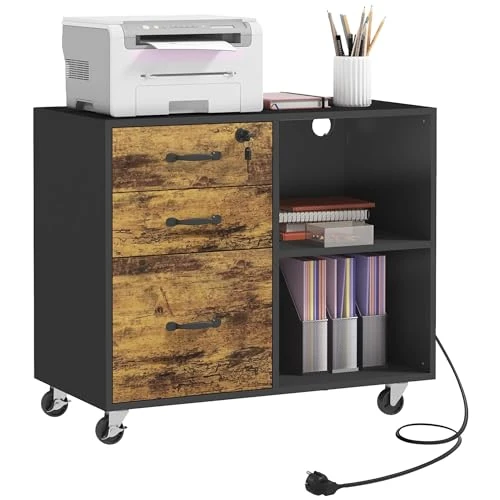 HOMCOM Mueble Armario para impresora de 4 ruedas con 3 cajones, 2 estantes abiertos y orificio pasacables, de MDF, 80 x 40 x 65,5 cm, marrón y negro