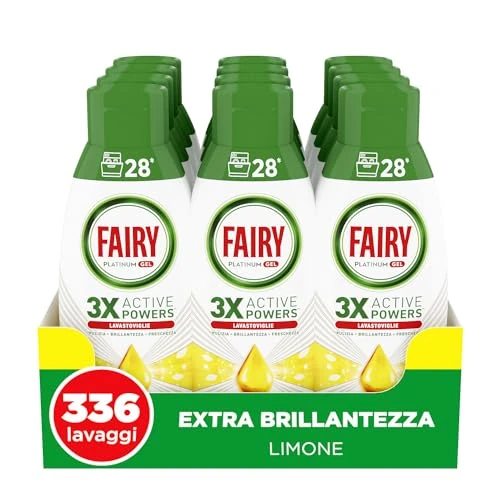 Fairy Platinum Flüssigwaschmittel, Geschirrspülmittel, Gel, 336 Waschgänge, 12 Flaschen, extra glänzend, Zitronenduft