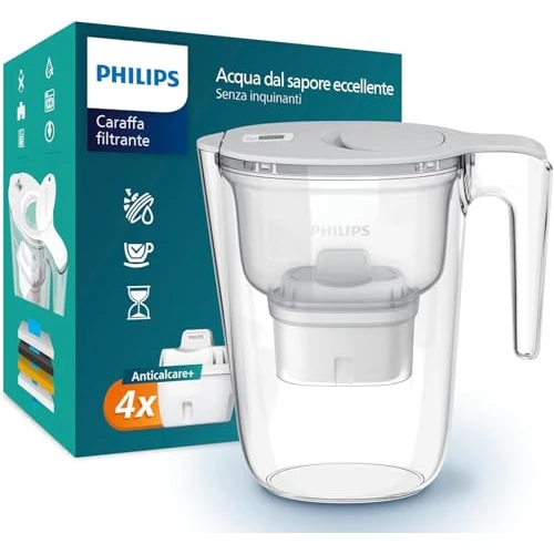 Offre limitée : Philips Water Carafe filtrante +4 cartouches filtrantes de remplacement Anti-calcaire+, JUSQU'À 50% DE RÉDUCTION DE LA DURETÉ EN PLUS, débit rapide, blanc, 2,6 litres, minuterie électronique de 33.99 € à 22.39 € (34% de remise)