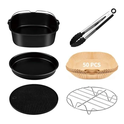 Offerta a tempo: Set di 6 accessori per friggitrice, con secchio quadrato da torta/piastra quadrata per pizza/supporto in metallo/struttura multiuso con spiedini/tappetino in silicone, adatto per tutte le marche più - 43% da 18.98 € a 10.82 €