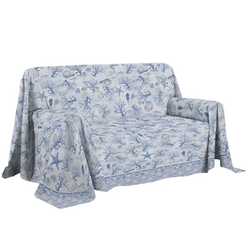 PENSIERI DELICATI Pokrowiec na Sofę 250 x 290 cm - Włoski, 100% Bawełna, Granatowy Wzór Morski - Narzuta na Meble, Łóżko lub Letnia Narzuta