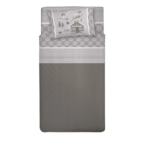 PENSIERI DELICATI Single Bed Set, 100% Cotton, Single Bed Sheet Set, 90 x 200 cm, Including Bottom Sheet, Top Sheet and 1 Pillow Case, Made in Italy, Beige Chalet Design