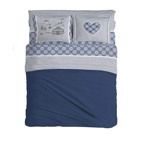 PENSIERI DELICATI Juego de sábanas matrimonial 100% algodón, Juego de sábanas de 180 x 200 cm, Incluye sábana Bajera, encimera y 2 Fundas de Almohada, Made in Italy, fantasía Chalet Azul