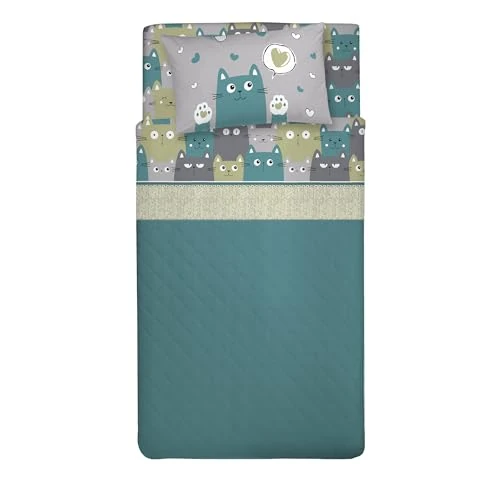 PENSIERI DELICATI Single Bed Set, 100% Cotton, Single Bed Sheet Set, 90 x 200 cm, Including Bottom Sheet, Top Sheet and 1 Pillow Case, Made in Italy, Happycat Green Design