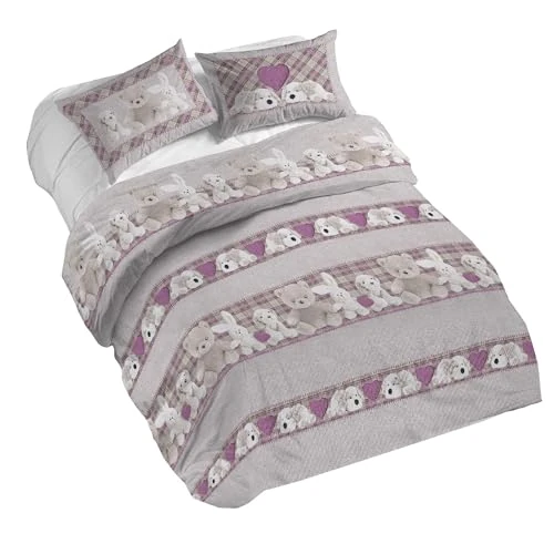 PENSIERI DELICATI 100% Cotton Double Duvet Cover Set, Complete with 250 x 200 cm Bag and 2 Pillowcases 52 x 82 cm, Made in Italy, Duvet Cover Machine Washable At 40 Degrees, Pink Plush Pattern