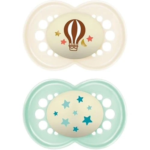 MAM Original Night Succhietto 16+ Mesi (Set da 2), Ciuccio MAM 16 36 mesi che si illumina al buio con tettarella in caucciù, Kit da 2 accessori neonato con porta ciuccio sterilizzatore, Neutro/Verde
