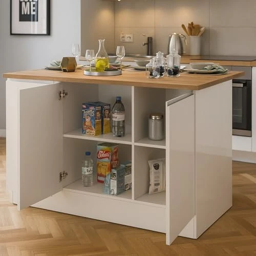 Offerta a tempo: Dmora - Isola da cucina Patrizio, Armadio multiuso, Mobile per cucinotto, Tavolo ausiliario, 100% Made in Italy, 155x90h90 cm, Bianco lucido e Rovere - 37% da 533.99 € a 335.99 €