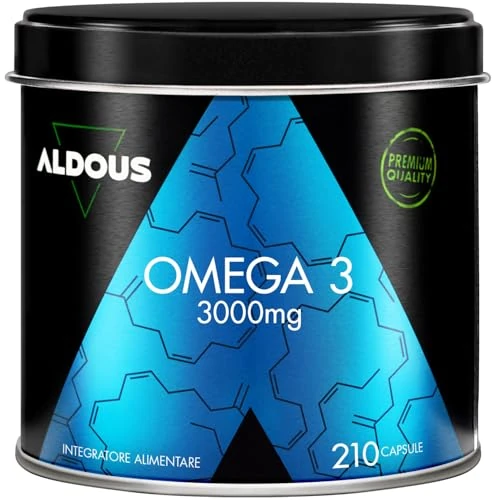 Omega 3 Olio di Pesce - 3000mg Dose Alto Dosaggio - Acidi Grassi Essenziali EPA e DHA - 210 Olio di Pesce Capsule - Integratore Occhi, Cuore, Cervello - Integratore Omega 3 - Fish Oil - ALDOUS