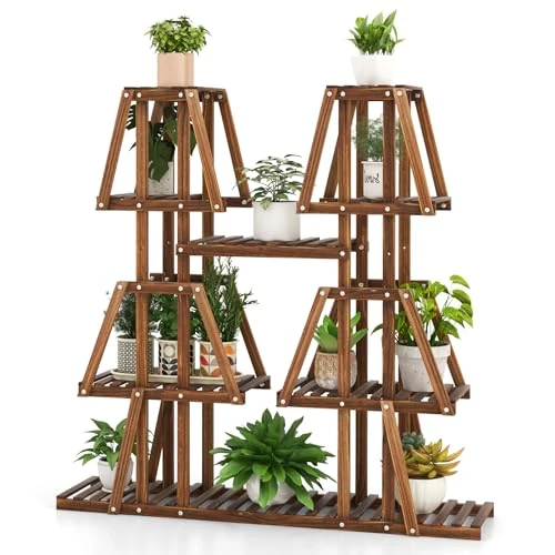 GYMAX Étagère pour plantes en bois, support pour plantes en pot intérieur et extérieur, plate-forme à lattes, pour jardin, balcon, terrasse et salon, 113 x 27 x 114 cm (style 2)