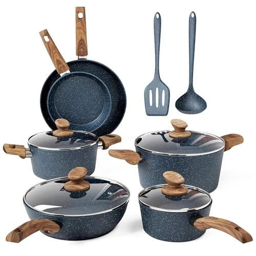 Offre limitee: Kitchen Academy Lot de Casseroles et Poêles Induction Revêtement Anti-adhésif avec Couvercle en Verre Set de Casserole et Poêle Batterie de Cuisine à Induction, Cuisinières à Gaz (Bleu, 12 Pièces) de 109.99 EUR a 104.49 EUR (economie 5%)