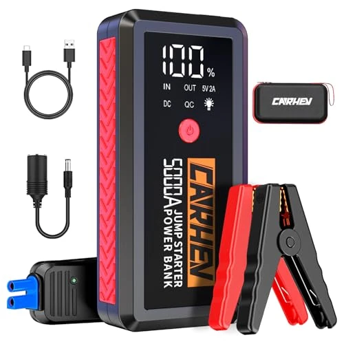 Oferta limitada: CARHEV Arrancador de Coche, 5000A Arrancador de Baterias de Coche (para 8.0L de Gasolina o 8.0L de Diésel) 12V Booster Jump Starter con Pantalla LCD, Linterna LED, Clips de Seguridad Inteligentes de 39.99 EUR a 39.99 EUR (ahorro 0%)