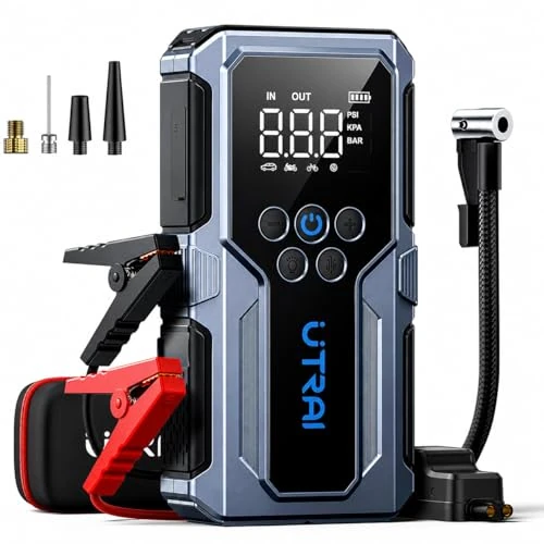 UTRAI Booster Batterie Voiture, 4000A 15000mAh Booster Batterie avec Compresseur, Demarreur Batterie Voiture avec Gonfleur 150PSI,12V Jump Starter(8.5L Gas/6.5L Diesel) Écran LED Lamp LED