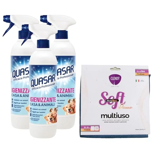 SET PULIZIA: 3x Quasar Detergente, IGIENIZZANTE CASA & ANIMALI, Senza Risciacquo, Ipoallergenico 580ml + Panno In Microfibra SOFT, Panno Multiuso (Colori Assortiti)