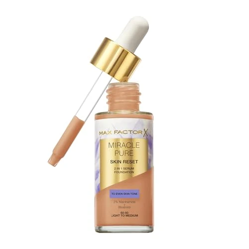 Zeitlich begrenztes Angebot: Max Factor Miracle Pure Skin Reset Foundation, 2-in-1 Serum und flüssige Foundation, natürliche Deckkraft mit mattem Finish, Reset-Komplex, Fb. 60-80 Light to Medium von 15.99 € auf 11.50 € (28% Rabatt)