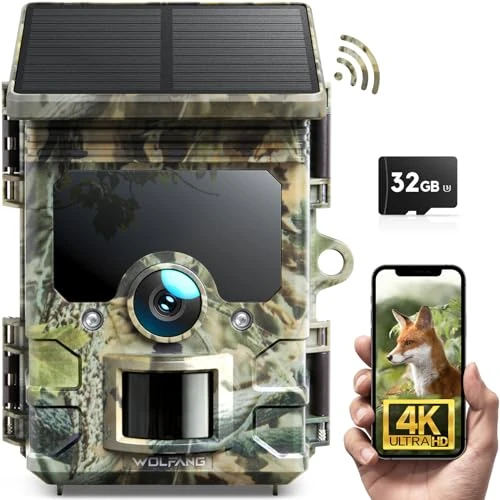 Limited-time offer: WOLFANG Solar Wildlife Camera 4K 30fps, WiFi Bluetooth Trail Camera with 120° Night Vision Motion Activated 0.1s Trigger Time IP66 Waterproof Game Camera for Wildlife Monitoring with Micro SD Card from 99.99 GBP to 87.08 GBP (save 13%)