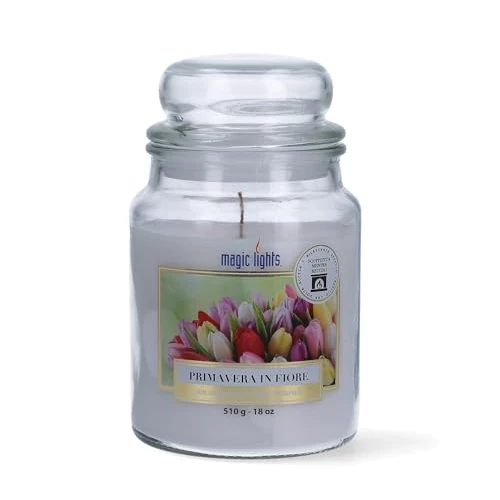 Magic Lights Świeca słoika 510 g wiosna w kwiatach, jaśmin, białe kwiaty z woskiem roślinnym min. 75% - naturalny knot drewniany, knot trzaskający, wyprodukowany we Włoszech
