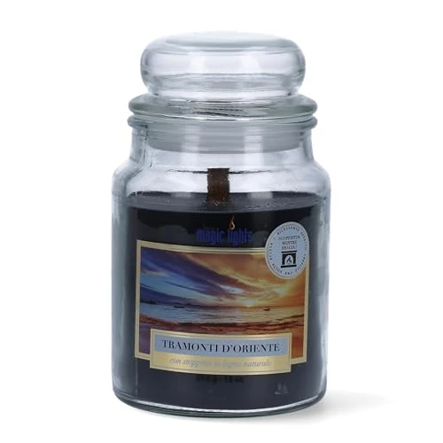 Magic Lights - Candle jar 510 g Tramonti D'Oriente - Sandal with Vegetable Wax min. 75% - Natural Wood Wick That crackles, Made in Italy