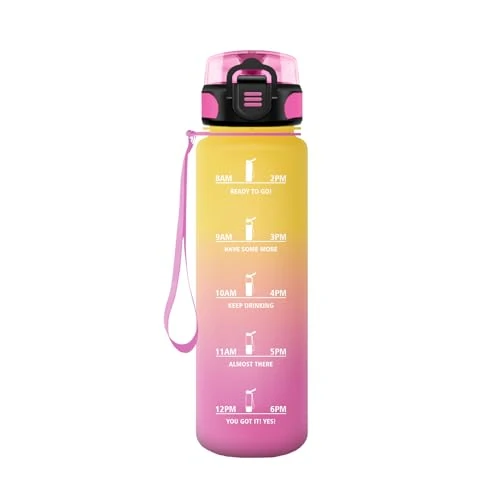 HoneyHolly Sports Water Bottle, 1000 ml, Leak-Proof Plastic, Water Bottle, Suitable for Carbonated Drinks, Sports Bottle for Bicycle, Children, School, Fitness, Yoga, Yellow Pink