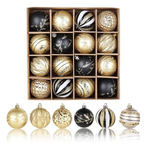 Tijdelijke aanbieding: Plastic kerstballen 16 stuks: 6 cm kerstballen kunststof kleine kerstboom ballen met sleutelkoord voor kerstdecoraties (zwart en goud) van 30.99 EUR naar 30.99 EUR (korting 0%)