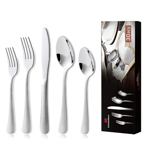 Limitiertes Angebot: KitchenBoss Besteck Set 6 Personen: Besteckset 30 Teilig, Cutlery Set, Edelstahl Besteck, Essbesteck, Spülmaschinenfest Silber von 20.40 EUR auf 20.40 EUR (Spare 0%)