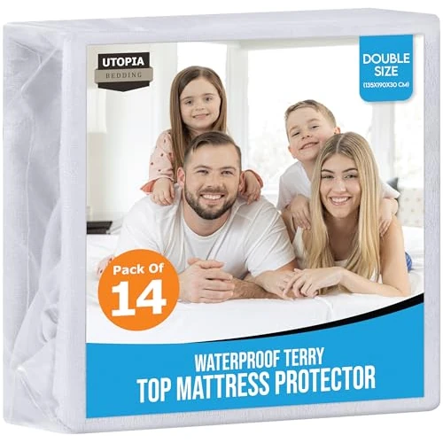 Utopia Bedding Waterproof Mattress Protector Double Bed, 135 x 190 cm, (Pack of 14, White), Fits Up to 30 cm Deep Mattresses, Premium Terry Mattress Cover, All Around Elastic, Machine Washable