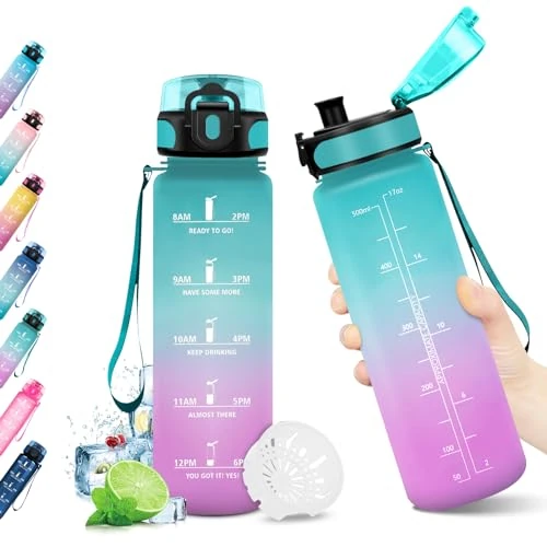 KollyKolla Kids Motivational Water Bottle, 500ml, BPA Free, Plastic, Flip Top Cap, Oval Shape, Green + Light Pink, Kind, Sports, Gym, Cycling, Camping, School, Outdoor Recreation, Time Marker