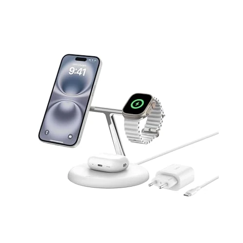 Belkin BoostCharge Pro 3-in-1 Wireless Charging Stand with Qi2 (15W) Compatible with MagSafe Wireless Charger for iPhone 16/15/14/13/12, AirPods, Apple Watch and More, Includes Power Adapter - White