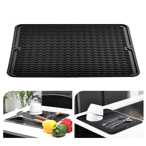 KitchenRaku Dish Drying Mat 40 x 45 cm, Silicone Tableware Heat Resistant Non-Slip Drying Mat Sink, Dish Mat Draining Mat, Place Mat (Black)