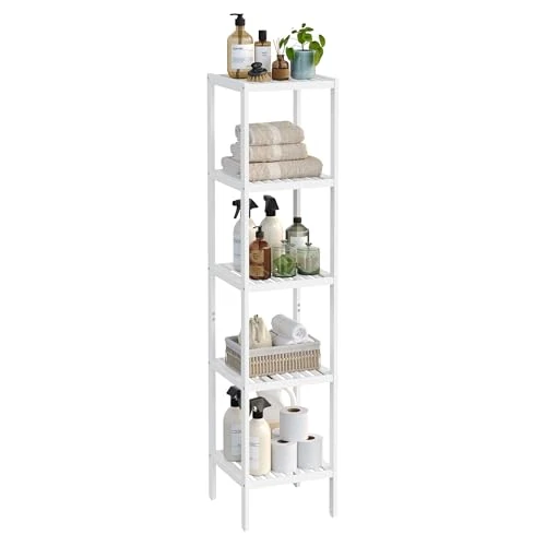 Offerta a tempo: SONGMICS Scaffale da Bagno in Bambù a 5 Ripiani, Scaffale Stretto Multifunzione, Scaffale ad Angolo, per Cucina, Soggiorno, Camera da Letto, Corridoio, Bianco Nuvola BCB055W01 - 36% da 33.99 € a 21.70 €