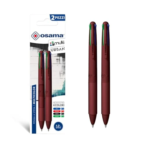 Offerta a tempo: OSAMA 4 Multi Urban - Set Penne Colorate 4 Colori, 2 Pezzi - Penna Multicolore a Sfera 1.0 mm con Inchiostro Nero, Blu, Rosso e Verde per Cancelleria Scuola, Ufficio, Università e Cartoleria - 19% da 4.90 € a 3.99 €