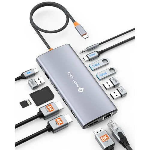 Offerta a tempo: NOVOO Docking Station con Triplo Display, 14 in 1 da USB C a Doppio HDMI 4K 60Hz Adattatore con DP 8K a 30Hz, 6 Porte USB C/A, PD da 100W, RJ45, SD/TF, 3.5mm Audio per MacBook/Dell/HP/Lenovo - 31% da 51.99 € a 35.93 €