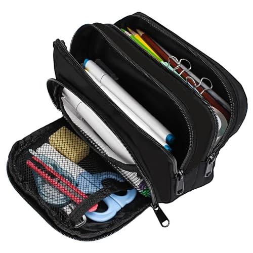 Euqvunn Zwart Pennenetui, Grote Pennenetui met 3 Vakjes, Etui voor School- & Kantoorbenodigdheden, Unisex