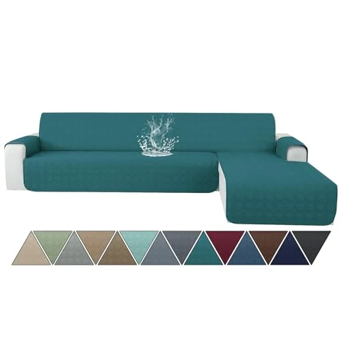 Ystyle Fundas para Sofa Chaise Longue 4 Plazas Impermeable, Fundas Sofa Chaise Longue Izquierda/Derecha Universal Reversible, Protector de Muebles Antideslizante y Antimanchas, Verde Oscuro