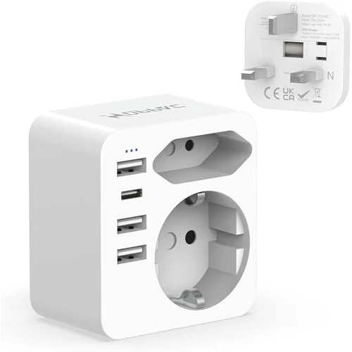 Tijdelijke aanbieding: Hoppac Adapter voor Engels stopcontact, UK-stekker met 3 USB en 1 USB-C (3,4 A, 17 W), UK-adapter met Euro en Schuko-stekker, Type G geschikt voor Groot-Brittannië, Ierland, Dubai, Malediven van 14.29 EUR naar 14.29 EUR (korting 0%)