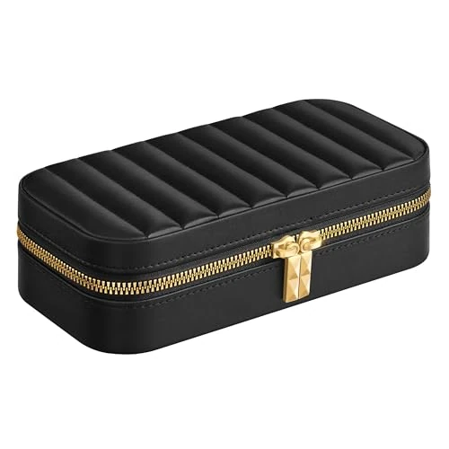 SONGMICS HOME ANAH Colección - Joyero de Viaje, Estuche Pequeño para Joyas con Espejo, 10,5 x 20,5 x 6 cm, Superficie PU con Costuras, Portátil, Cremalleras, Idea de Regalo, Negro Tinta JBC180B01