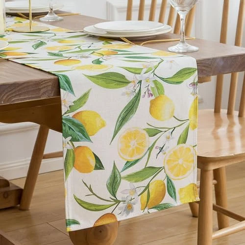 Tafelloper modern zomer geel citroen planten tafeldecoratie polyester boerderij tafelblad voor binnen en buiten vakantie feest woonkamer decoratie 40 x 140 cm