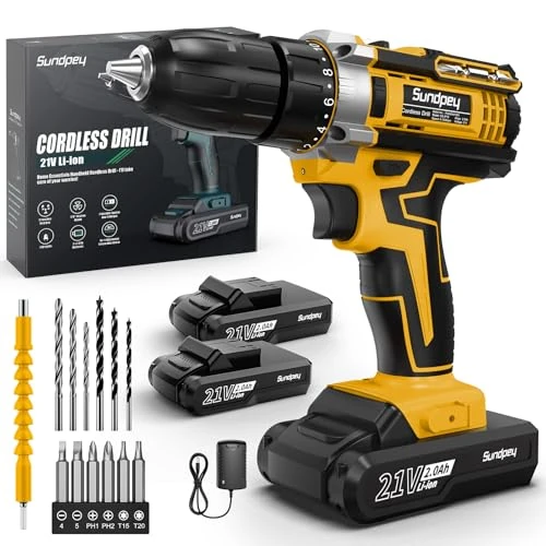 Offerta a tempo: Sundpey Trapano Avvitatore Batteria 21V - Avvitatore a Batteria con 2 Batterie da 2.0Ah, 45Nm Max, 18+1 Coppia, 10mm Mandrino Trapano, Led Luce, 2 Velocita, 19pcs Avvitatore Elettrico Per Fai da te - 0.00% da 35.99 € a 35.99 €