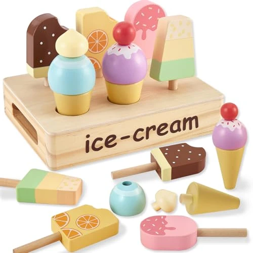 Offre limitee: HERSITY Crème Glacée Jouet, Set Glacier en Bois Aliments Cuisine Magasin Nourriture Jouet, Jeu de Cuisine Cadeau pour Enfant Garçons Filles 3 4 5 Ans de 18.99 EUR a 14.81 EUR (economie 22%)