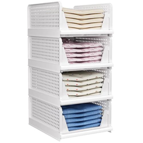 Offerta a tempo: TidyIsles Wardrobe Storage Organiser - 4 Pack Folding Closet Organisers, Stackable Storage Boxes, Plastic Drawer Organiser Basket for Bedroom Kitchen Bathroom White - 39% da 49.99 € a 30.39 €