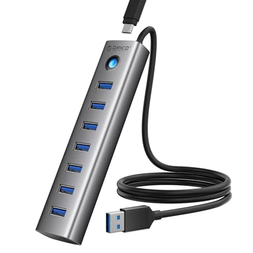 Offerta a tempo: ORICO Hub USB 3.0, Hub USB 5Gbps in Alluminio 7 Porte, Cavo Lungo 100CM con Porta di Alimentazione 5V/3A Type-C, Adattatore USB 3.0 Multipla Compatibile con MacBook, PS4, Surface Pro, HP - 15% da 19.98 € a 16.98 €
