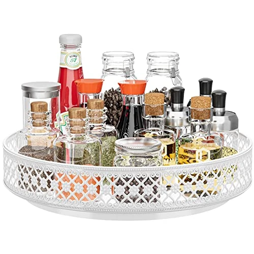 Lazy Susan Revolving Spice Rack Organizer - 2 Levels 360° Rotating Metal Tray Organizer Floral 30 cm for Pantry Kitchen Bathroom Floor Refrigerator Table, white (32cm white)
