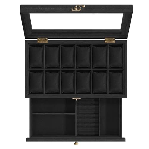 SONGMICS Uhrenbox mit 12 Fächern, Uhrenkasten aus Massivholz, mit Glasdeckel, Uhrenkissen, Schmuckaufbewahrung, Geschenk für Ihre Liebsten, schwarz JOW012B02